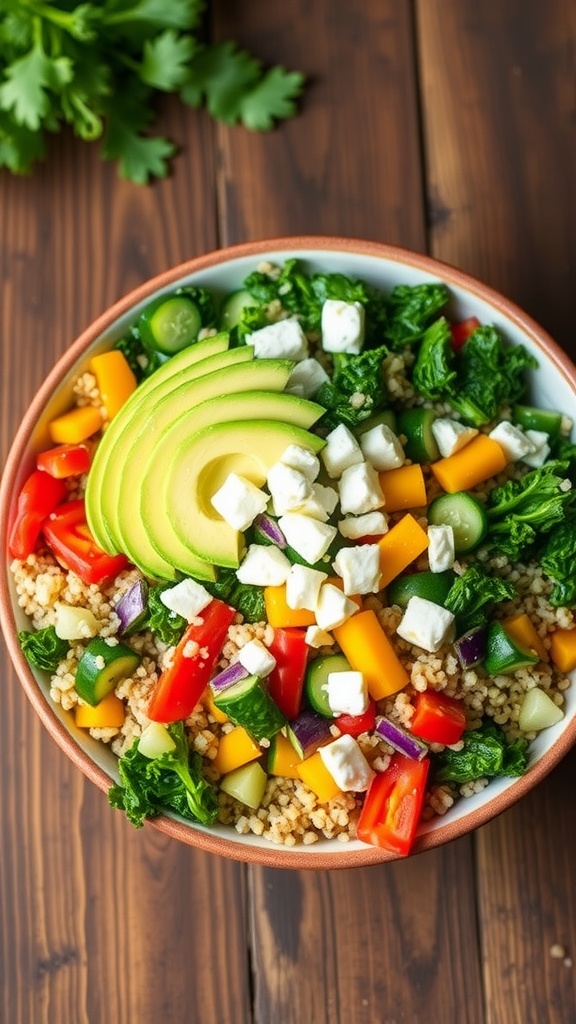 A colorful quinoa kale bowl with quinoa, kale, bell peppers, cucumber, and avocado on a wooden table.